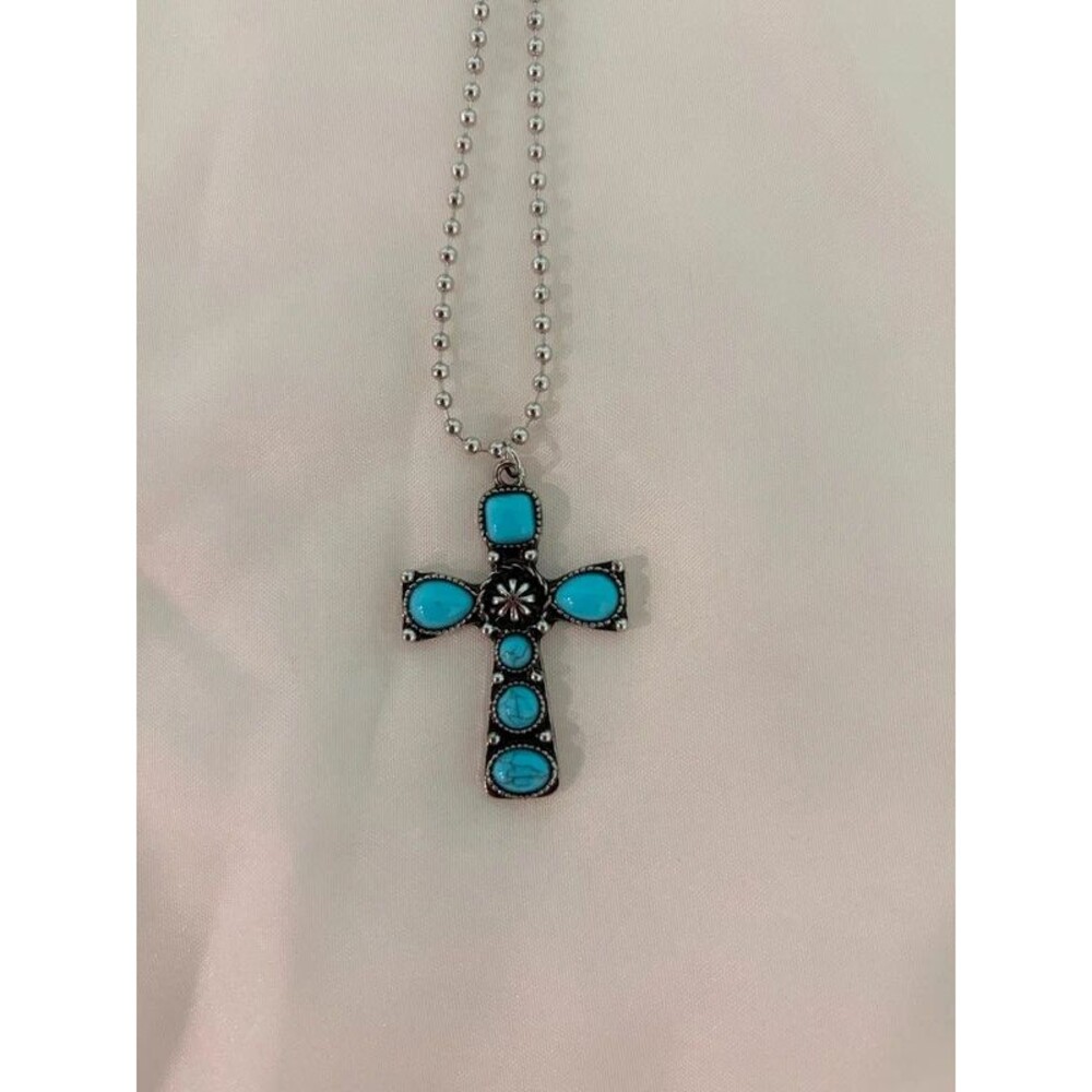 New Turquoise Cross Necklace with Silver bead chain